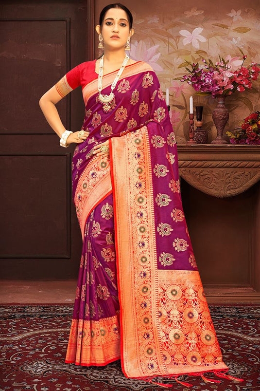 Weaving Work On Purple Color Awesome Banarasi Silk Saree