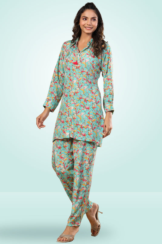 Exclusive Digital Print Cyan Color Designer Readymade Co Ord Set