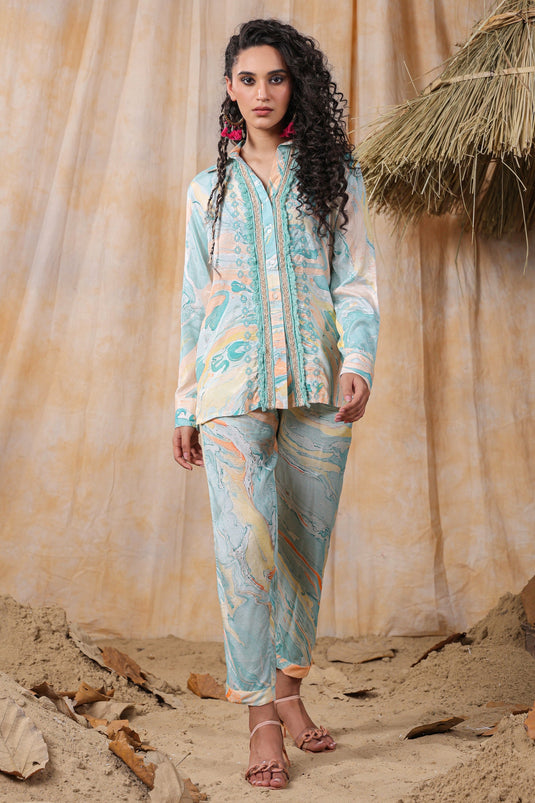 Exclusive Turquoise Cotton Fabric Marble Print Full Sleeves Comfortable Readymade Co Ord Set