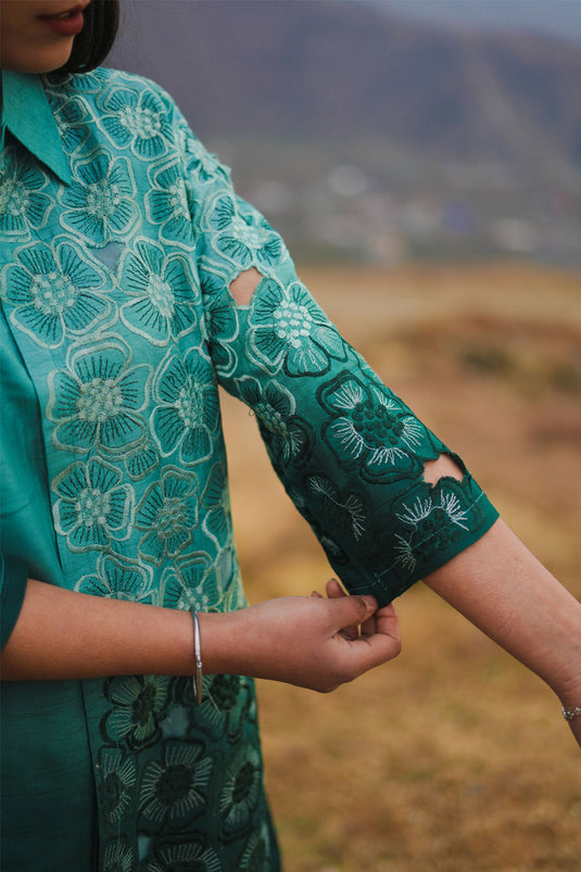 Exclusive Green Silk Ombre Embroidered Co-Ord Set