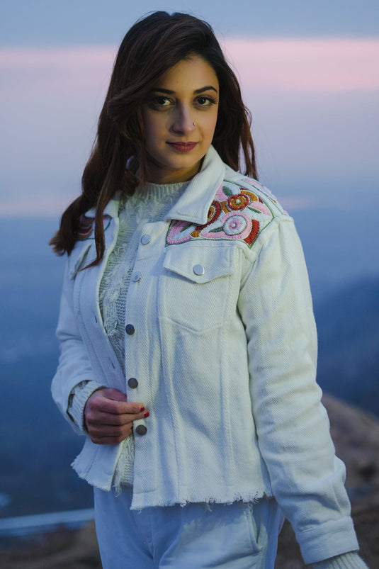 Exclusive White Cotton Embroidered Jacket Set