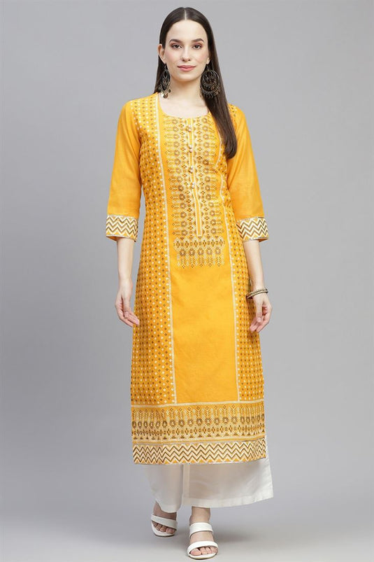 Yellow Casual Wear Embroidered Cotton Kurti