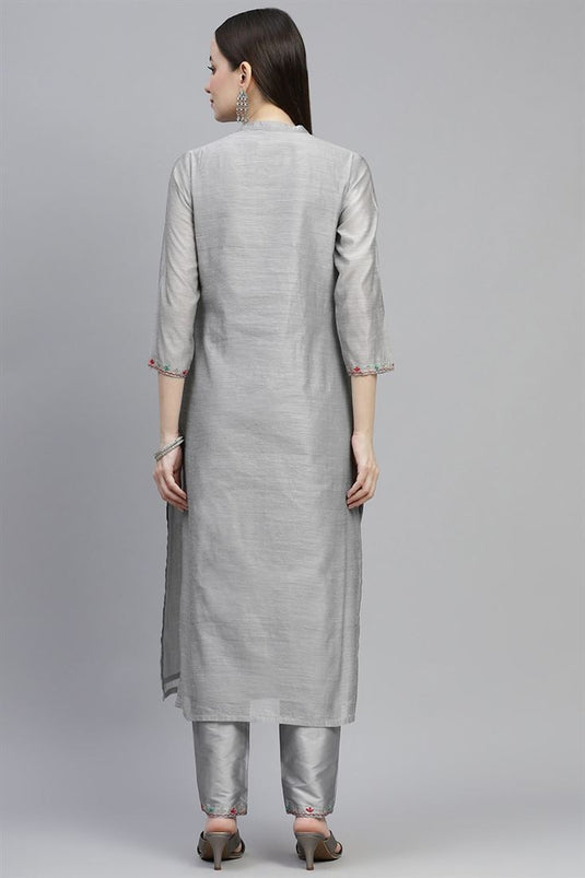 Grey Color Chanderi Fabric Daily Wear Trendy Kurti