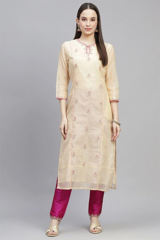 Beige Color Chanderi Fabric Daily Wear Trendy Kurti