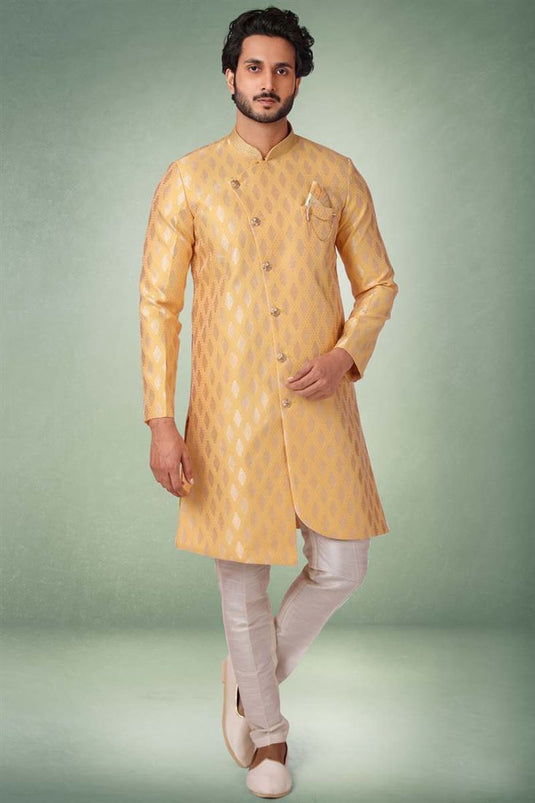 Yellow Color Reception Wear Traditional Indo Western For Men In Jaqurd Silk Fabric