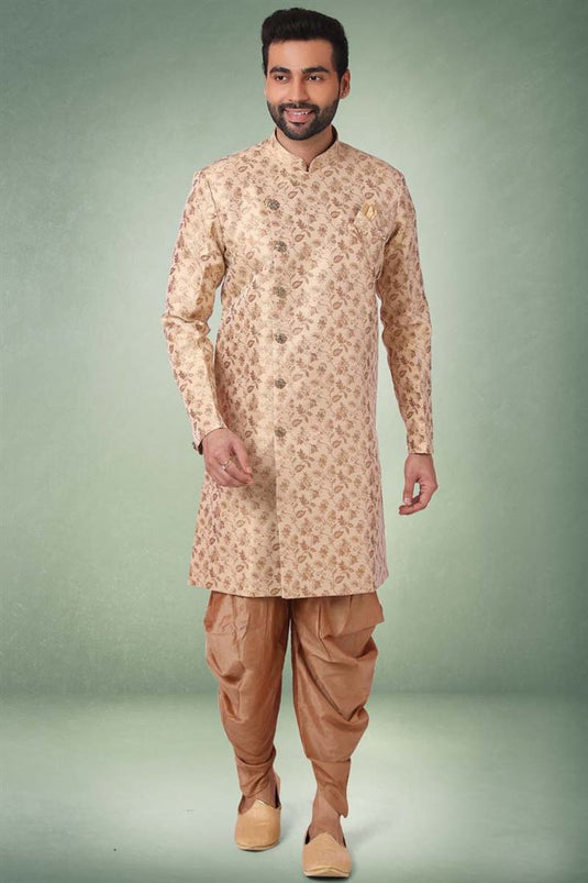 Jaqurd Silk Fabric Beige Color Wedding Wear Splendid Indo Western For Men