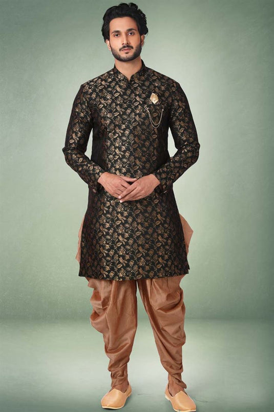 Mesmerizing Wedding Wear Jaqurd Silk Fabric Dark Green Color Indo Western For Men