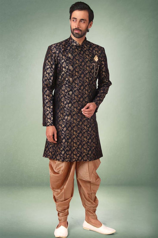 Alluring Jaqurd Silk Fabric Reception Wear Indo Western For Men In Navy Blue Color