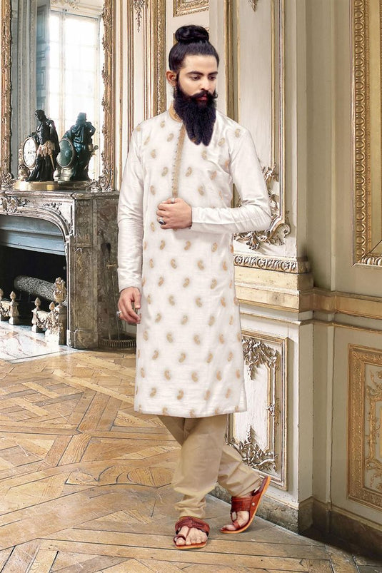Fetching Cream Color Art Silk Fabric Wedding Wear Designer Readymade Kurta Pyjama For Men