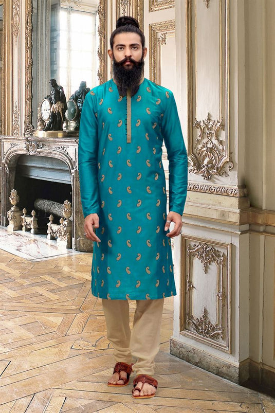 Gorgeous Cyan Color Art Silk Fabric Reception Wear Trendy Readymade Kurta Pyjama For Men