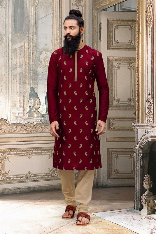 Striking Maroon Color Art Silk Fabric Function Wear Fancy Readymade Kurta Pyjama For Men