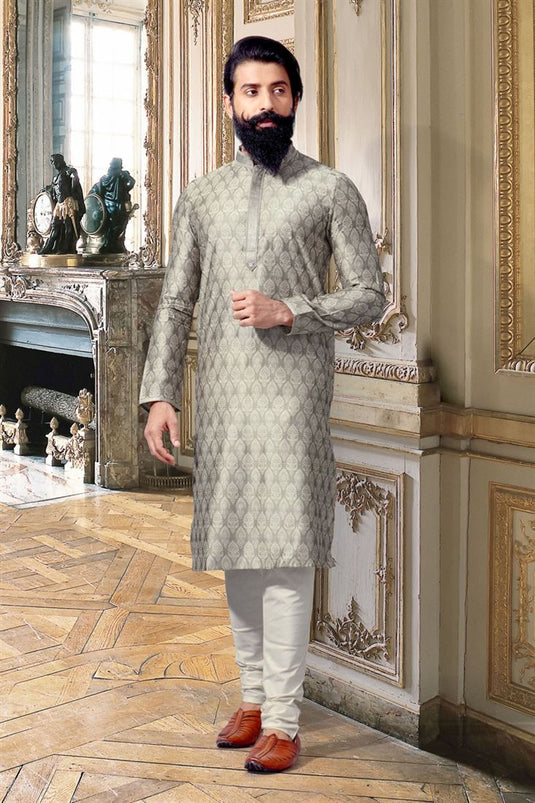 Stunning Grey Color Jacquard Fabric Festive Wear Stylish Readymade Kurta Pyjama For Men