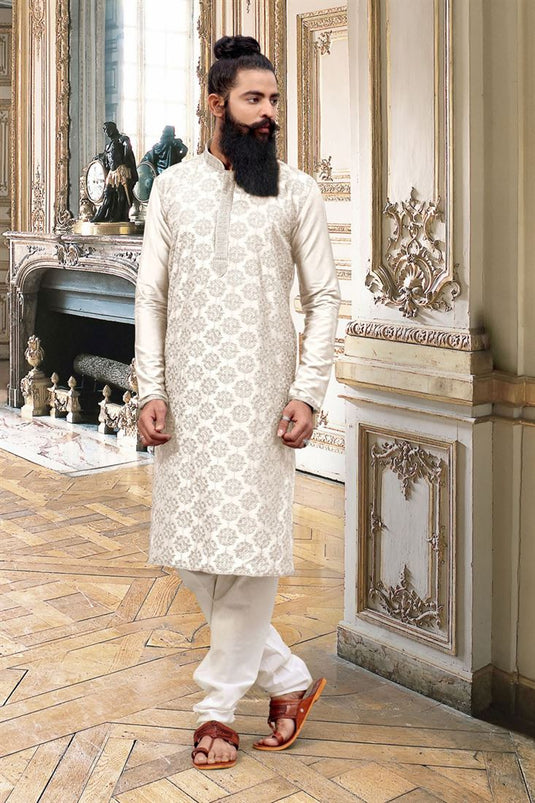 Pretty Off White Color Art Silk Fabric Wedding Wear Designer Readymade Kurta Pyjama For Men