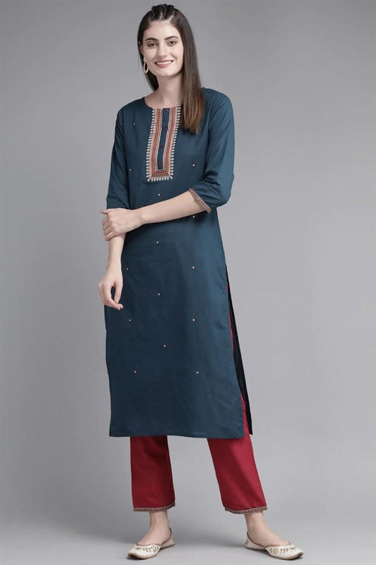 Teal Color Embroidered Work Kurti Bottom In Cotton Fabric