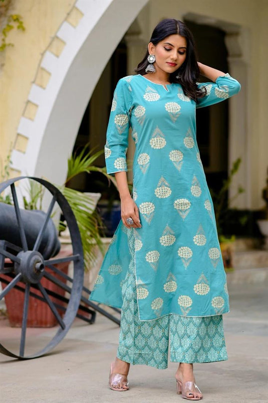 Floral Printed Work Sky Blue Color Kurti Bottom In Cotton Fabric