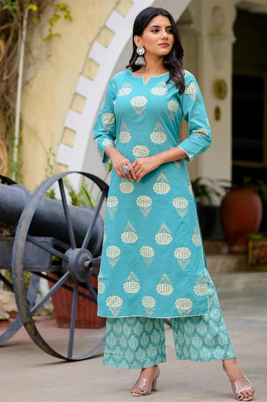 Floral Printed Work Sky Blue Color Kurti Bottom In Cotton Fabric