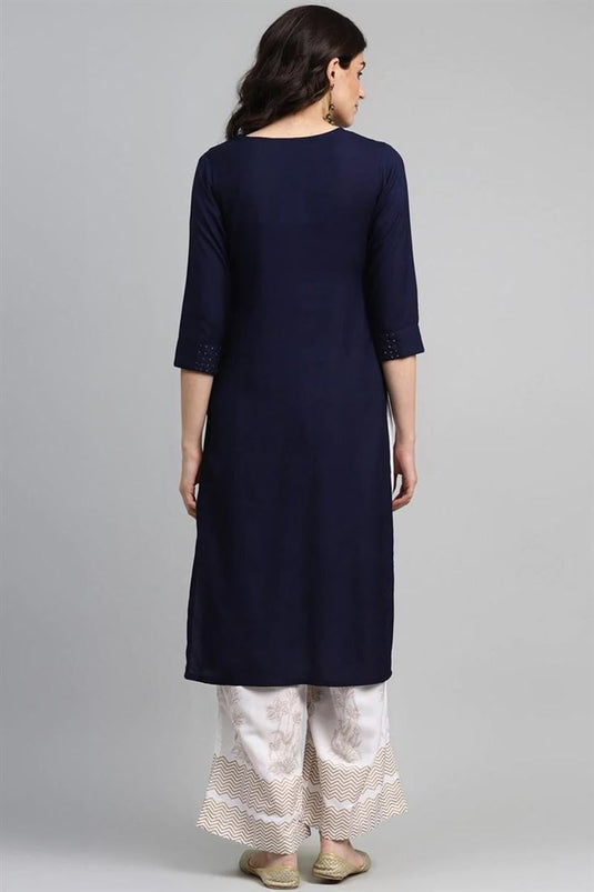 Readymade Navy Blue Color Kurti Bottom Set In Rayon Fabric