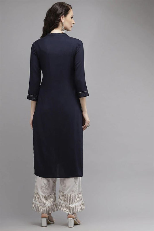 Navy Blue Color Rayon Fabric Fancy Kurti Bottom Set In Daily Wear