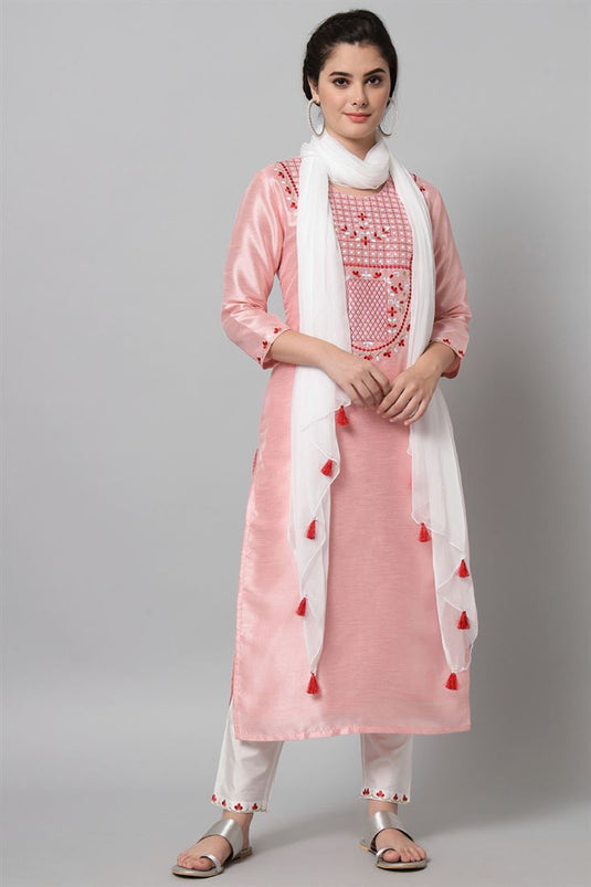 Pink Color Art Silk Fabric Incredible Top Bottom Dupatta Set