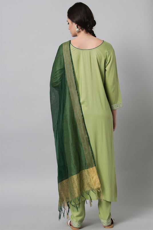 Sea Green Color Rayon Fabric Luminous Top Bottom Dupatta Set