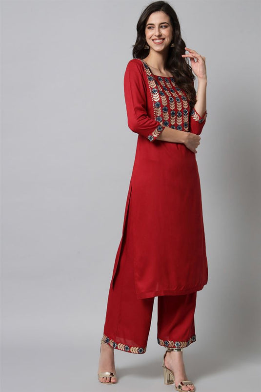 Rayon Fabric Mesmeric Top Bottom Set In Red Color