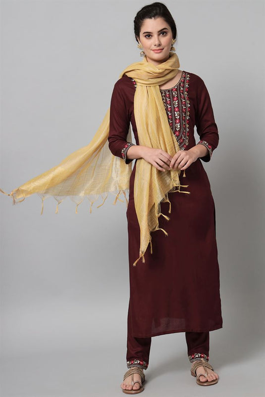 Brown Color Art Silk Fabric Adroit Top Bottom Dupatta Set