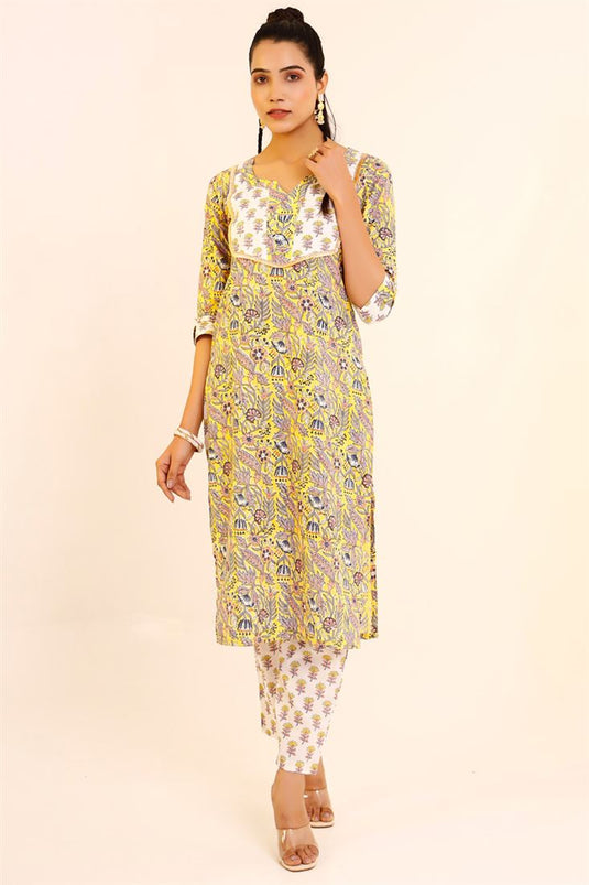 Incredible Cotton Fabric Yellow Color Printed Top Bottom Set