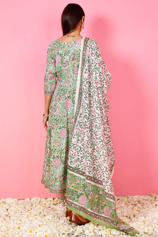 Classic Sea Green Color Printed Top Bottom Dupatta Set In Cotton Fabric