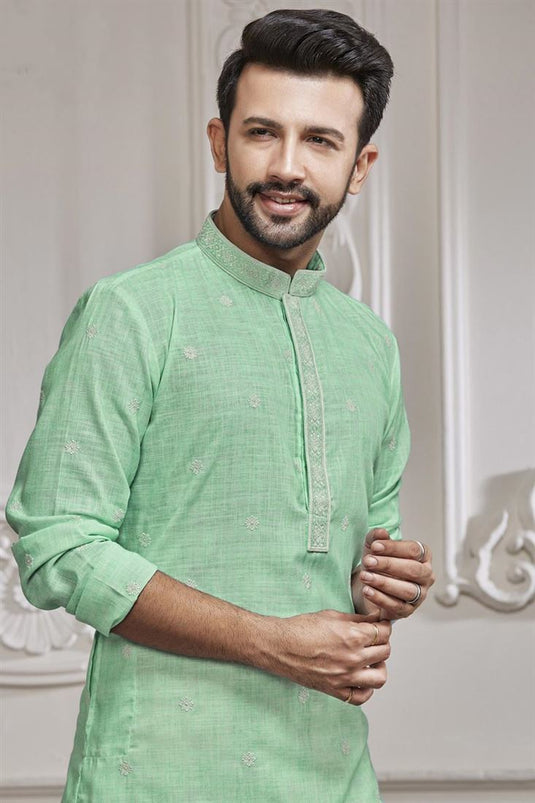 Fetching Cotton Fabric Embroidered Kurta Pyjama In Sea Green Color