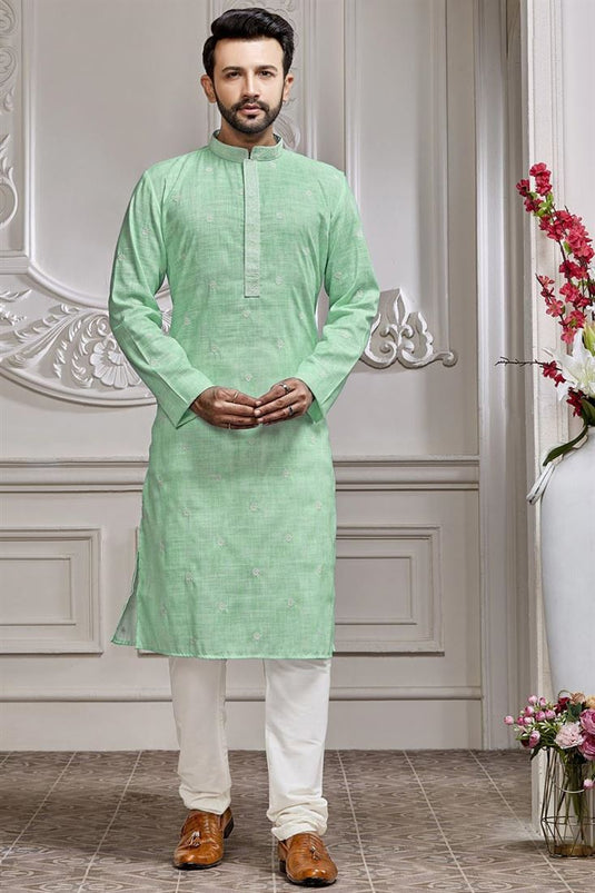Fetching Cotton Fabric Embroidered Kurta Pyjama In Sea Green Color