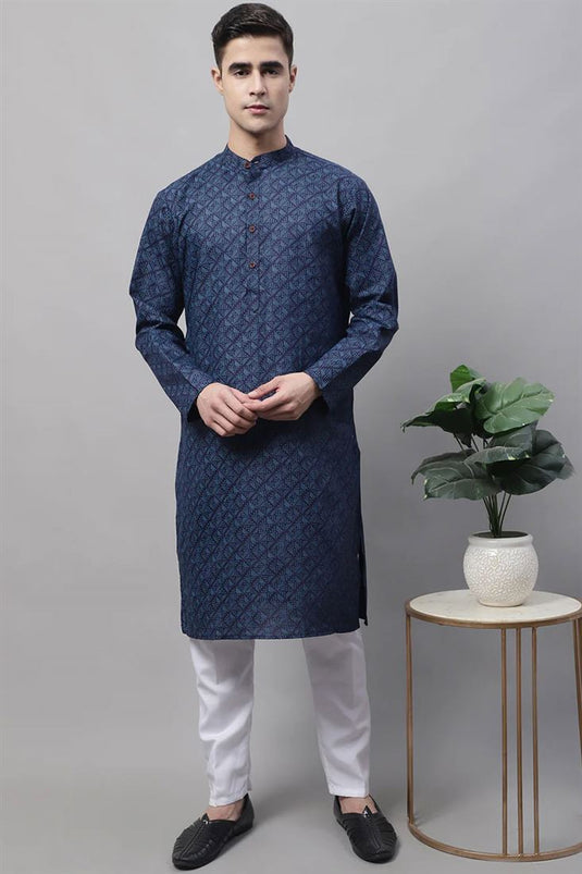 Readymade Navy Blue Color Cotton Fabric Festival Wear Royal Kurta Pyjama For Men