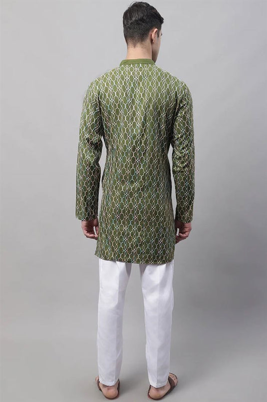 Captivating Cotton Fabric Festival Wear Stylish Readymade Kurta Pyjama For Men In Olive Color