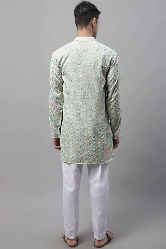 Engaging Sea Green Color Cotton Fabric Readymade Kurta Pyjama For Men In Festival Wear