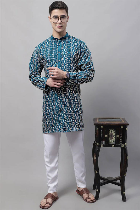 Enriching Teal Color Cotton Fabric Festival Wear Kurta Pyjama For Men