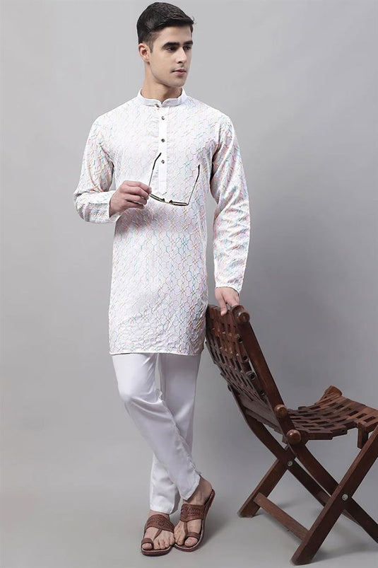 Extravagant White Color Cotton Fabric Readymade Kurta Pyjama For Men In Festival Wear