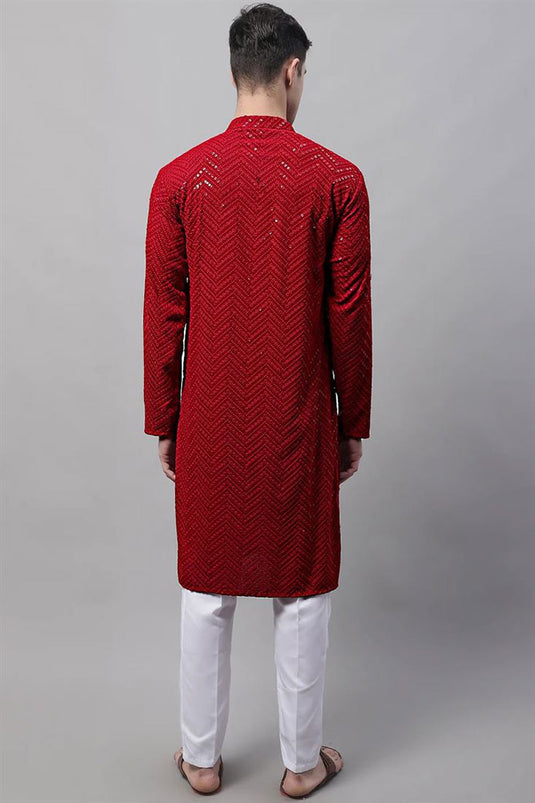 Adorning Maroon Color Cotton Fabric Festival Wear Kurta Pyjama For Men