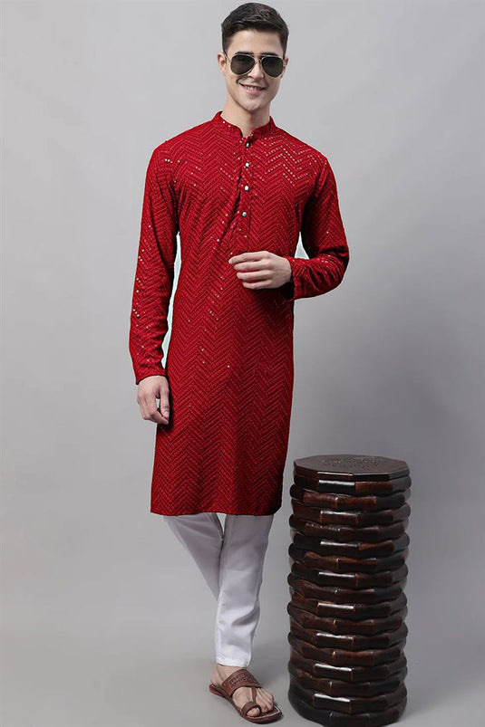 Adorning Maroon Color Cotton Fabric Festival Wear Kurta Pyjama For Men