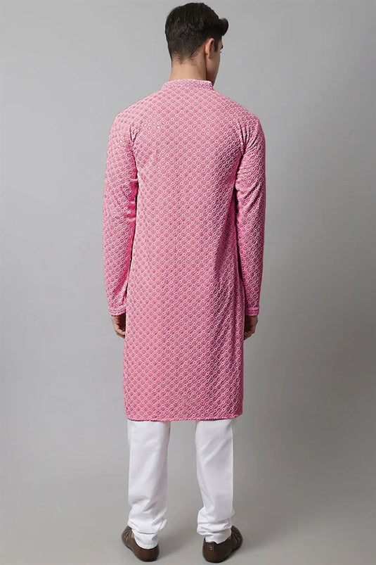 Mesmeric Pink Color Cotton Fabric Festival Wear Kurta Pyjama For Men