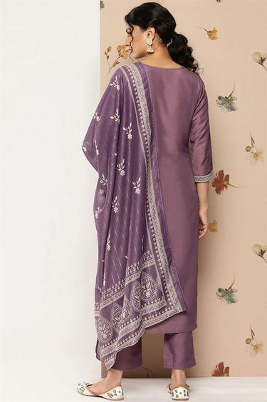 Art Silk Fabric Purple Color Patterned Top Bottom Dupatta Set With Embroidered Work