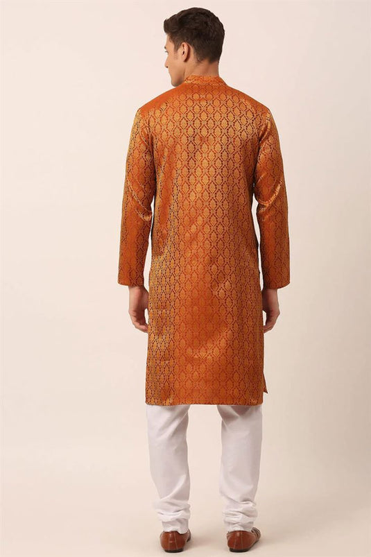 Orange Color Festival Wear Kurta Pyjama In Jacquard Fabric