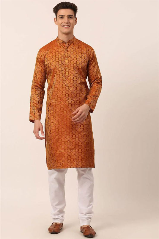 Orange Color Festival Wear Kurta Pyjama In Jacquard Fabric