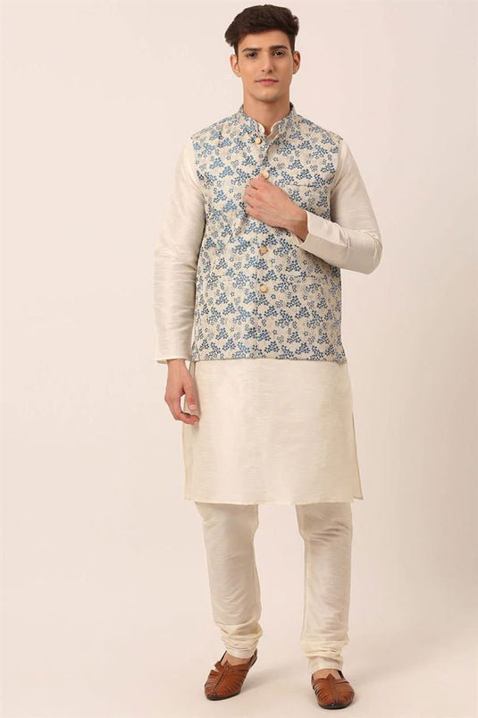White Color Art Silk Fabric Festival Wear Kurta Pyjama With Blue Jacket