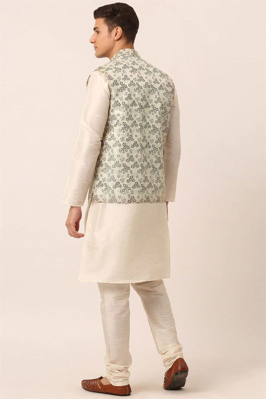 White Color Art Silk Fabric Kurta Pyjama With Grey Jacket In Festival Wear