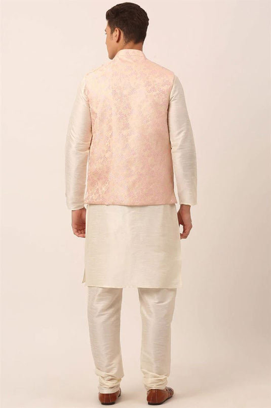 Art Silk Fabric Festival Wear White Color Kurta Pyjama With Pink Jacket
