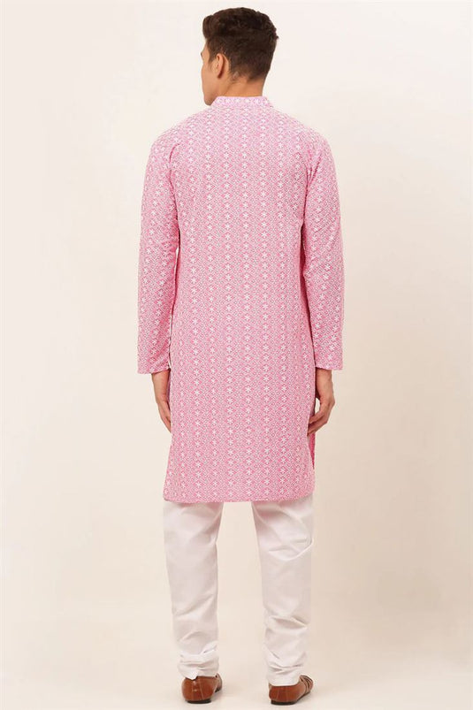 Festival Wear Pink Color Cotton Fabric Readymade Kurta Pyjama set