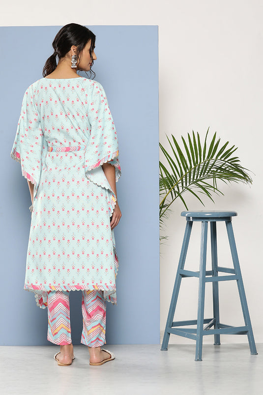 Exclusive Printed Crepe Fabric Readymade Kurti Bottom Set In Sea Green Color