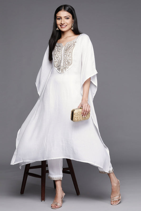 Exclusive Casual Wear White Color Printed Pashmina Fabric Readymade Kurti With Bottom
