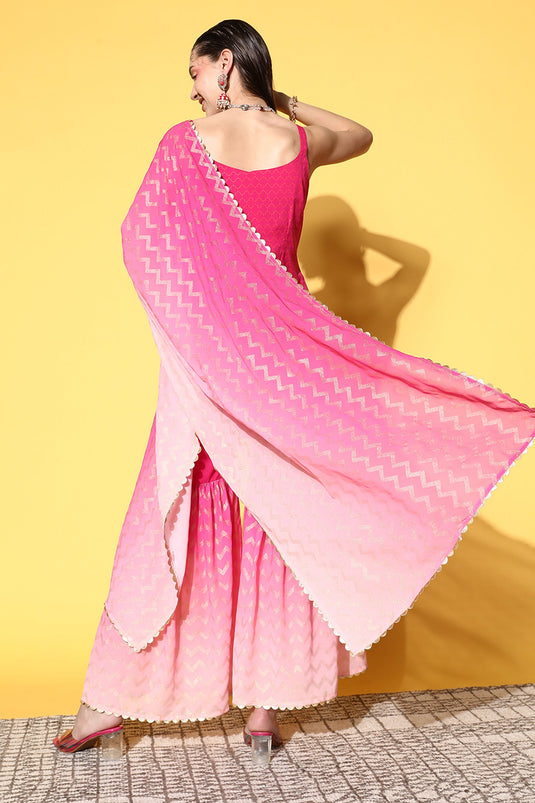 Exclusive Pink Color Crepe Fabric Festive Wear Printed Top With Bottom Dupatta Set