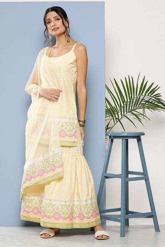 Exclusive Yellow Color Crepe Fabric Function Printed Top With Bottom Dupatta Set