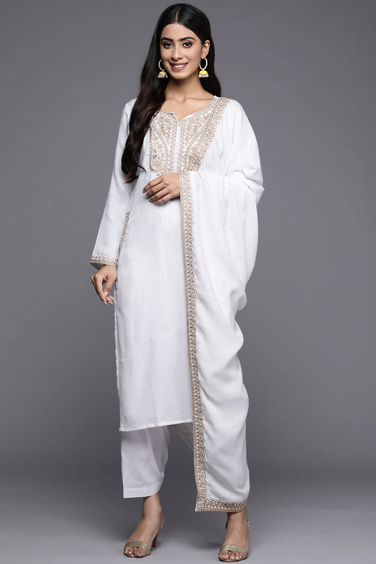 Exclusive White Color Pashmina Fabric Festive Wear Embroidered Work Top With Bottom Set